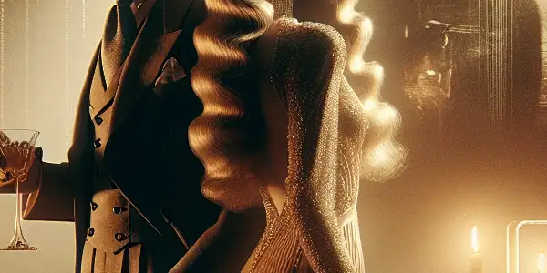 A dimly lit room with two characters in an intimate conversation, surrounded by shadows and hints of desire.