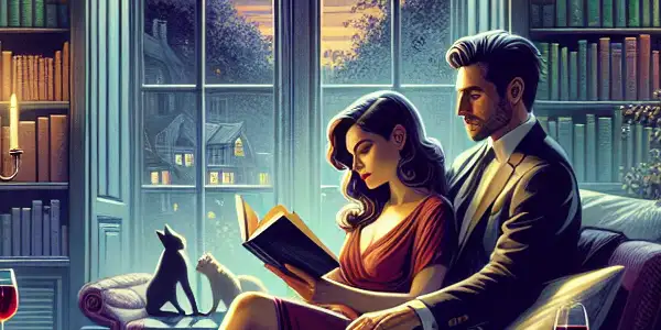A cozy library scene with a couple reading an erotic novel, surrounded by warm lighting and romantic elements.