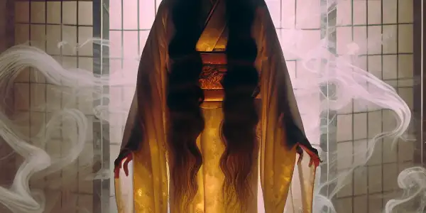 An ethereal female ghost in a dimly lit Japanese room, exuding seduction and sorrow amidst mist and candlelight.