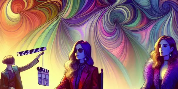 A vibrant film set featuring performers in elegant outfits, surrounded by colorful lighting and abstract art, evoking erotic allure.
