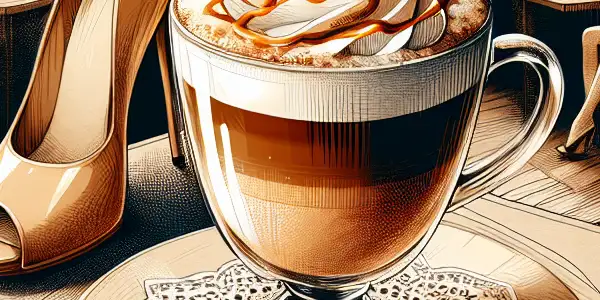 A cozy café scene featuring a brown sugar macchiato, intimate couples, and playful elements suggesting romance and allure.