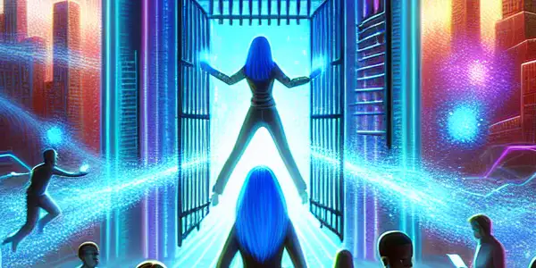 A diverse group of individuals navigating through glowing digital barriers in a futuristic, high-tech environment.