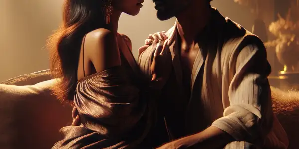 A couple in a tender embrace, surrounded by warm lighting and elegant decor, exuding romance and intimacy.