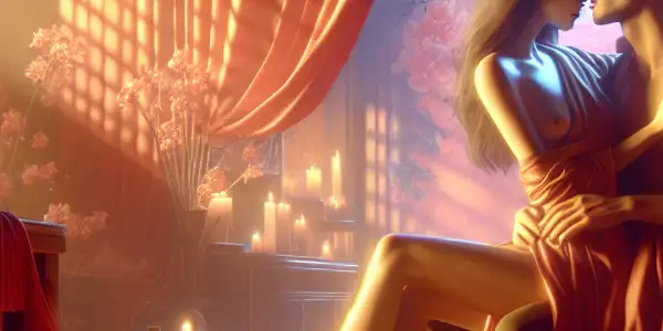 A romantic couple embraces in a dimly lit room adorned with cherry blossoms and traditional Japanese elements.