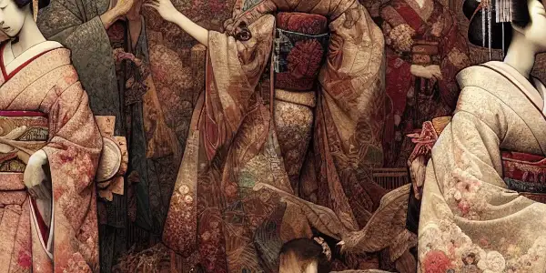 A sensual scene featuring elegantly adorned figures in an intimate pose, inspired by traditional Japanese shunga art.