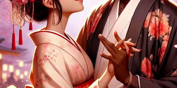 A romantic scene with a couple in traditional attire under cherry blossoms, surrounded by a dreamy, whimsical landscape.