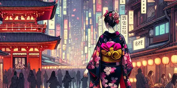 A vibrant urban night scene featuring a stylish woman blending modern fashion with traditional Japanese elements amidst cherry blossoms.