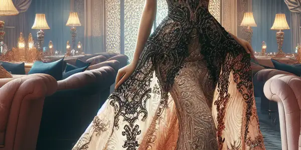 A confident model poses in intimate, seductive lingerie within a softly lit, romantic bedroom setting.