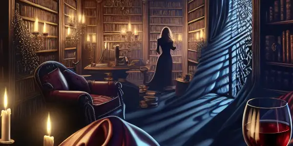 An elegant library with candlelight, an open erotic novel, silk sheets, and a shadowy figure, evoking romance and intrigue.