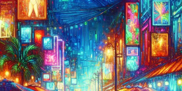 A vibrant nighttime scene of Pattaya's Walking Street, bustling with diverse crowds and illuminated by colorful neon lights.