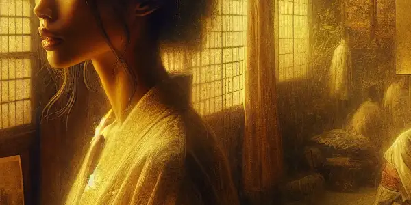 A young woman gazes out a window in a nostalgic Japanese room filled with memories.