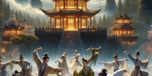 A dynamic scene of martial artists in elegant attire fighting in a mystical Chinese landscape under a twilight sky.