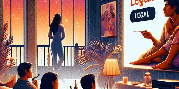 A cozy living room scene with diverse individuals watching a romantic film, surrounded by snacks and warm lighting.