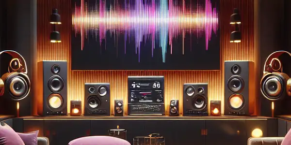 A cozy, modern listening space for adult entertainment featuring plush seating, ambient lighting, and stylish audio equipment.