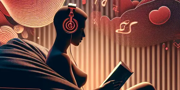 A cozy room with a silhouette enjoying an audiobook, surrounded by soft lighting and abstract adult-themed visuals.