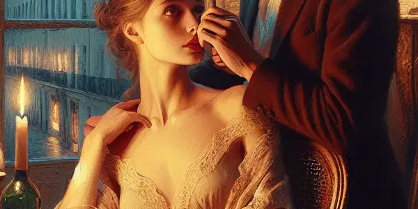 An intimate moment between two lovers in a softly lit Parisian apartment, reflecting passion and vulnerability.