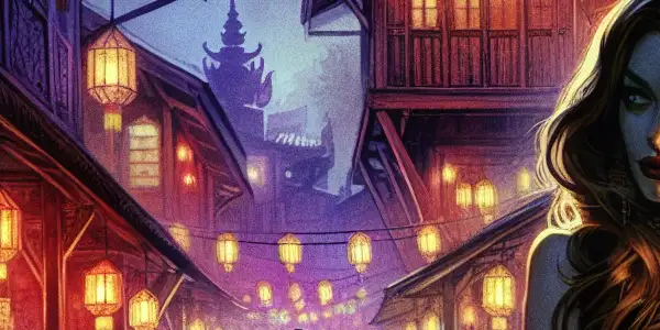 A mysterious Thai street at night featuring a captivating female protagonist amidst shadows and hints of the supernatural.<a href=