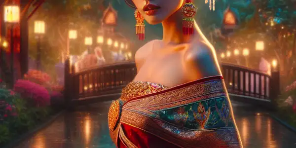 A stunning Japanese actress in traditional Thai attire amidst a lush tropical setting, blending cultures with charm and allure.