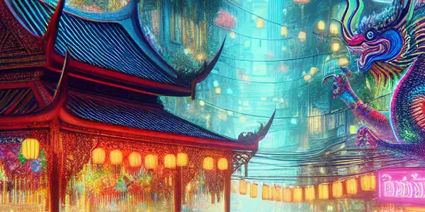 Vibrant Bangkok nightlife scene with a lively street bar, neon lights, tropical elements, and cultural fusion.