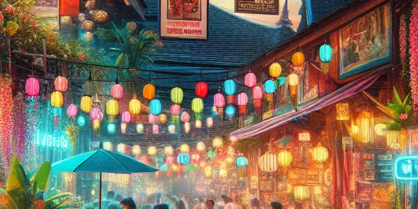 A lively tropical night market in Thailand, featuring colorful stalls, flirtatious couples, and a movie screen with adult film clips.