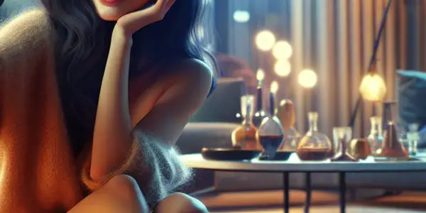 A person taking playful selfies in a cozy, stylish living room, surrounded by hints of Japanese adult cinema.