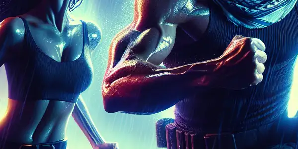 A muscular protagonist and alluring partner in a dramatic, neon-lit urban scene, exuding tension and intrigue.