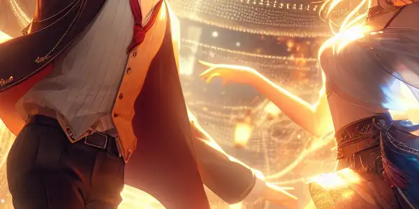 A romantic scene featuring an anime character and a realistic character in a flirtatious interaction amidst a dreamy, vibrant background.