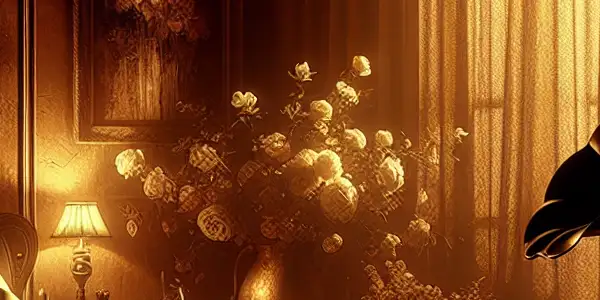 A dimly lit bedroom with silhouettes sharing an intimate moment, evoking romance and mystery.