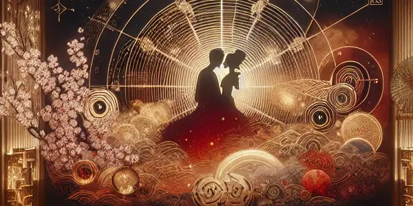 An elegant film screening room featuring a vibrant abstract movie screen and hints of classic Japanese cinema.