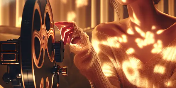 A woman watches a vintage film projector in a cozy, elegantly decorated room, embodying romance and intimacy.